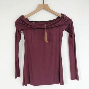 3 Solemio Off The Shoulder Long Sleeve Tee Top S Maroon Fold Over Neck New